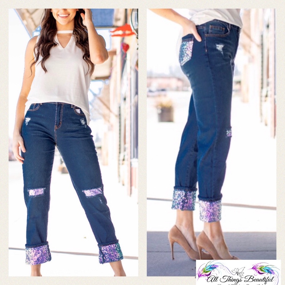 L&B Women's Boyfriend Jeans with Sequin Accents - Dark Blue and Purple.